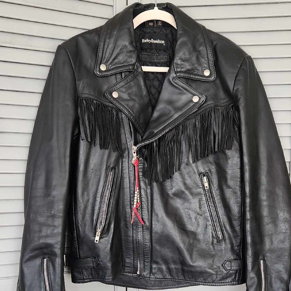 Harley Davidson Moto Fringe Black Leather Riding Jacket EUC